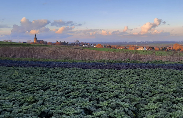 KI generiert: Eine weite Landschaft mit einem grünen Feld im Vordergrund und einer Kirche im Hintergrund.