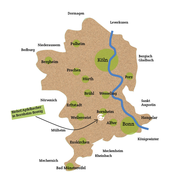 KI generiert: Karte von Köln bis Bonn mit "Biohof Apfelbacher in Bornheim-Brenig".