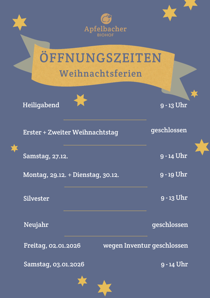 KI generiert: Das Bild zeigt die Weihnachtsferien-Öffnungszeiten des Apfelbacher Biohofs für 2024/25. Es listet die speziellen Öffnungszeiten und Schließtage über die Feiertage, mit festlichen grafischen Elementen im Hintergrund.