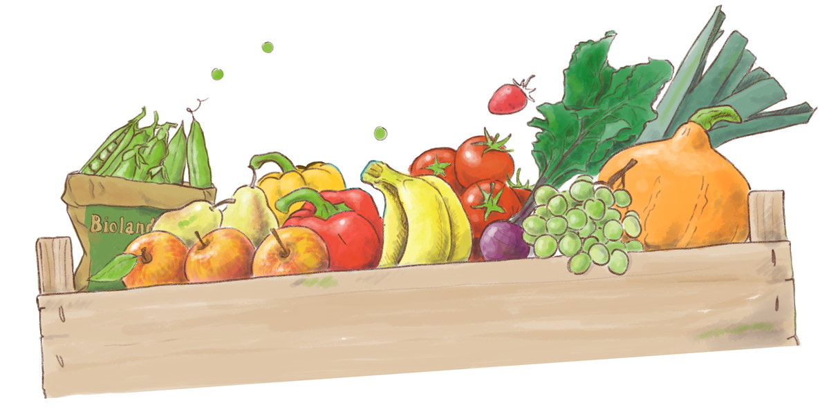 KI generiert: Hauptinhalt: Kiste mit Bio-Gemüse und Obst. Text: "BioLand"