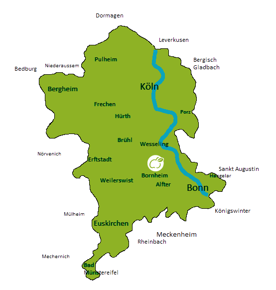 KI generiert: Karte der Region um Köln und Bonn mit markierten Städten und einem Fluss.