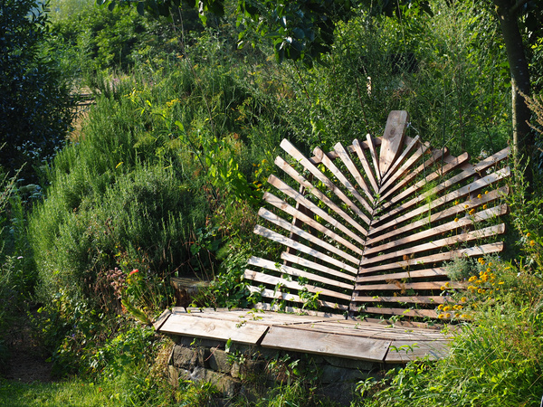 KI generiert: Holzbank in einem üppigen Garten, umgeben von verschiedenen Pflanzen.