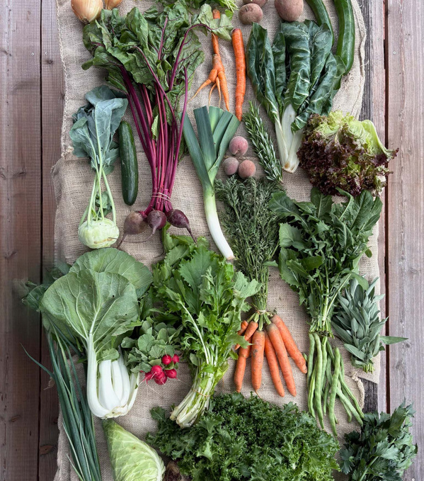 KI generiert: Verschiedene frische Gemüsesorten und Kräuter auf einem Jutesack angeordnet.